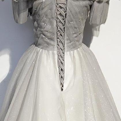 Silver Tulle Sequins Long Prom Dress Evening Dress