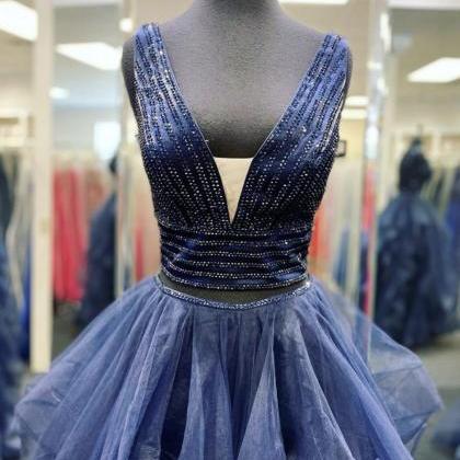 Blue Tulle Beads Prom Dress Two Pieces Evening..