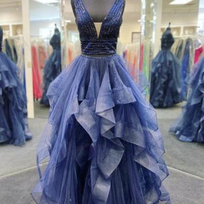 Blue Tulle Beads Prom Dress Two Pieces Evening..