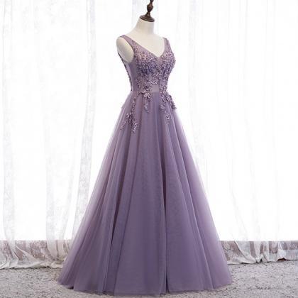 Purple V Neck Long A Line Prom Dress Lace Evening..