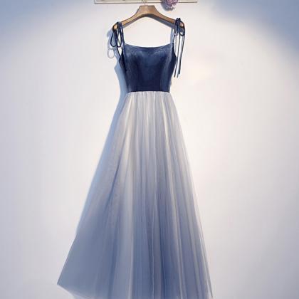 Blue Velvet Tulle Long Prom Dress Simple Evening..