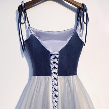 Blue Velvet Tulle Long Prom Dress Simple Evening..