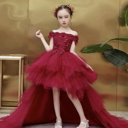 Burgundy Lace A Line Flower Girl Dress Party Girl..
