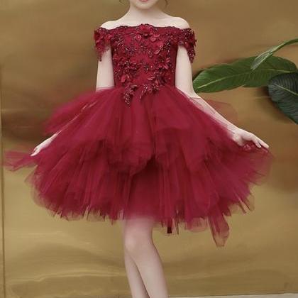 Burgundy Lace A Line Flower Girl Dress Party Girl..