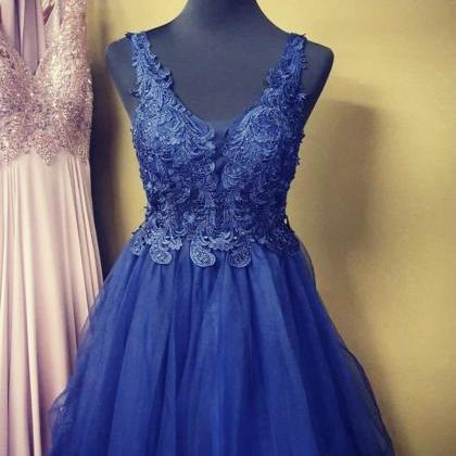 Blue Lace Short A Line Prom Dress Evening Dress