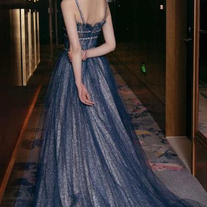 Shiny Tulle Long A Line Prom Dress Blue Evening..