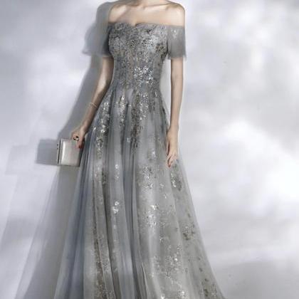 Grey Sequins Long A Line Prom Dress Evening Dress