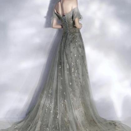 Grey Sequins Long A Line Prom Dress Evening Dress