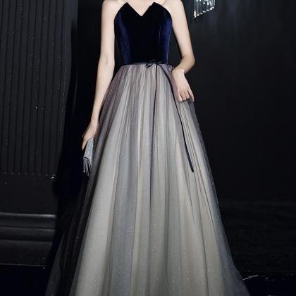 A Line Velvet Tulle Long Prom Dress Evening Dress