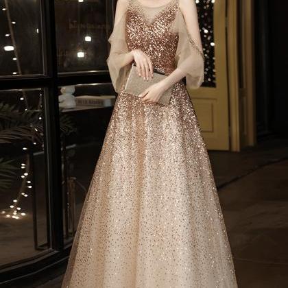 Gold Sequins Long A Line Prom Dress Evening Dress