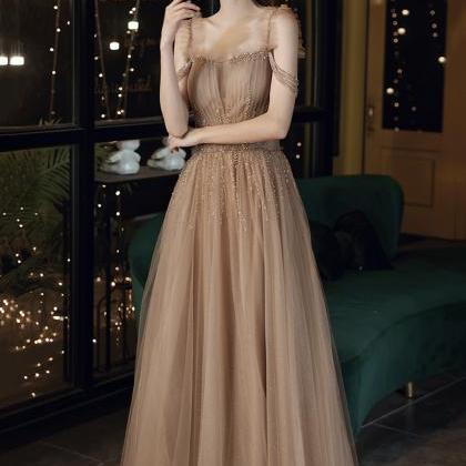 Cute tulle beads long prom dress A line evening gown s63