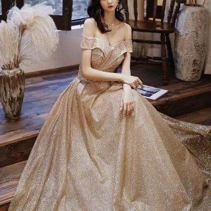 Gold Sequins Long Prom Dress Shiny Evening Dress