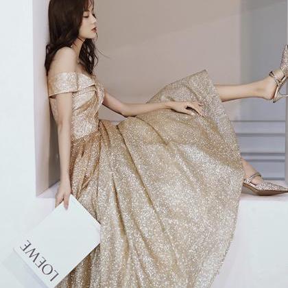 Gold Sequins Long Prom Dress Shiny Evening Dress