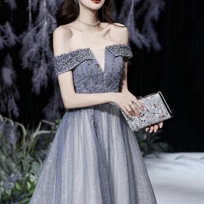 Grey Tulle Beads Long Prom Dress Shiny Evening..