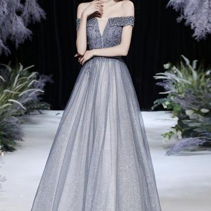 Grey Tulle Beads Long Prom Dress Shiny Evening..