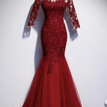 Burgundy Lace Long Prom Dress Mermaid Evening..