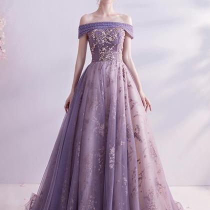 Purple tulle sequins long prom dress party dress C1661