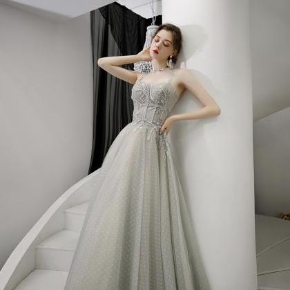 Grey Tulle Long A Line Prom Dress Evening Dress