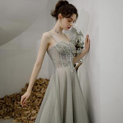 Grey Tulle Long A Line Prom Dress Evening Dress