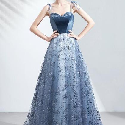 Shiny Sequins Long A Line Prom Dress Blue Evening..