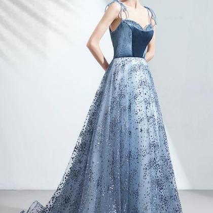 Shiny Sequins Long A Line Prom Dress Blue Evening..
