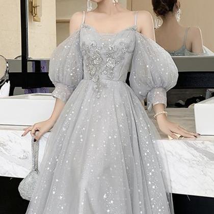 Grey Tulle Lace Long Prom Dress Grey Evening Dress