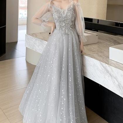 Grey Tulle Lace Long Prom Dress Grey Evening Dress