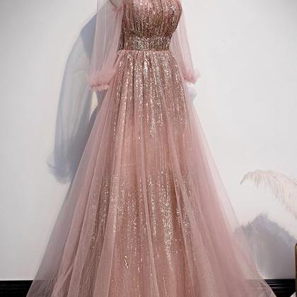 Pink Tulle Sequins Long Prom Dress A Line Evening..