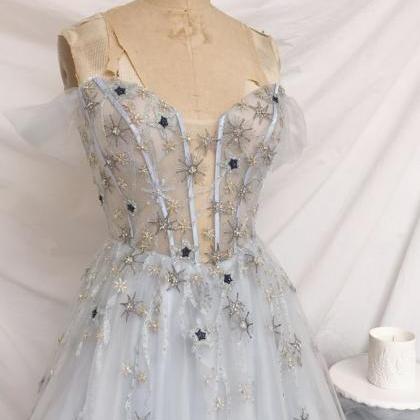 Blue Tulle Long Prom Dress Blue A Line Evening..