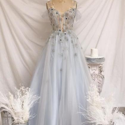 Blue Tulle Long Prom Dress Blue A Line Evening..