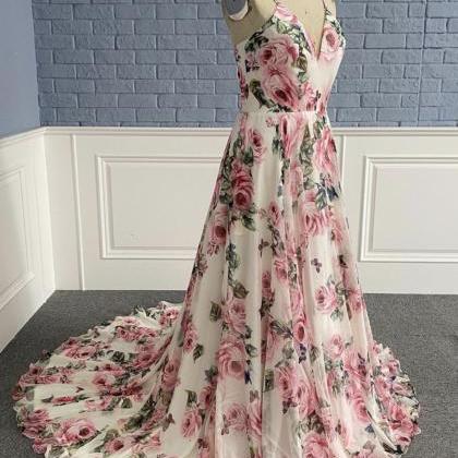 Stylish V Neck Floral Pattern Prom Dress A Line..