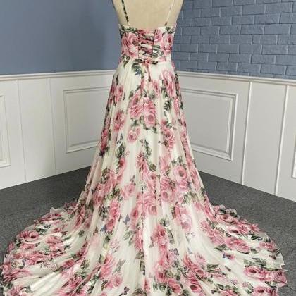 Stylish V Neck Floral Pattern Prom Dress A Line..