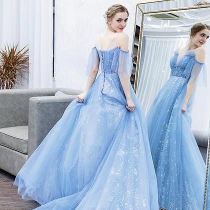 Blue Tulle Sequins Long Prom Dress A Line Evening..