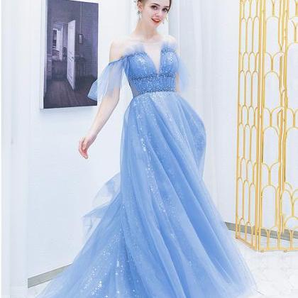 Blue Tulle Sequins Long Prom Dress A Line Evening..