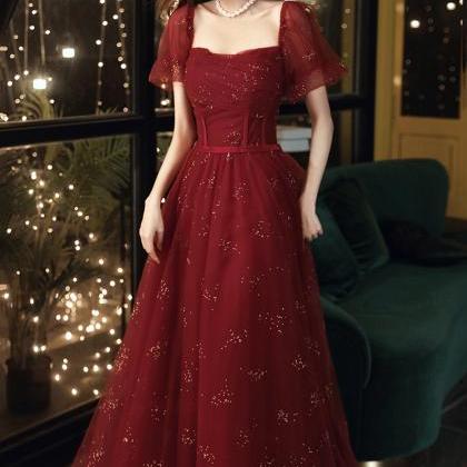 Burgundy Tulle Sequins Long A Line Prom Dress..