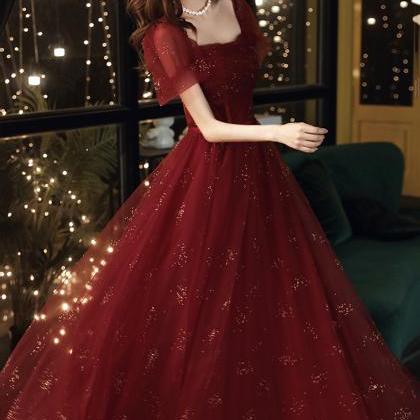 Burgundy Tulle Sequins Long A Line Prom Dress..