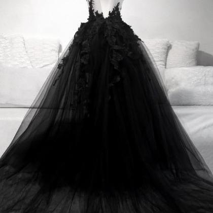 Black V Neck Lace Long Prom Dress A Line Evening..