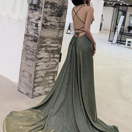 Simple A Ling Long Backless Prom Dress Green..