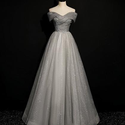 Grey Tulle Beads Long Prom Dress Off Shoulder..