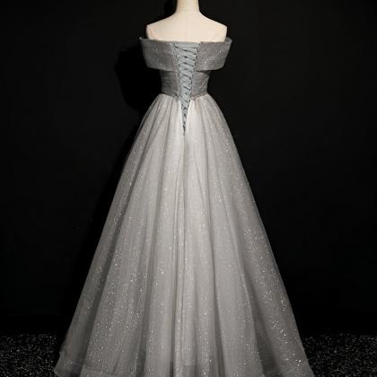 Grey Tulle Beads Long Prom Dress Off Shoulder..