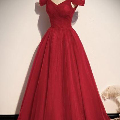 Red V Neck Tulle Long Prom Dress A Line Evening..