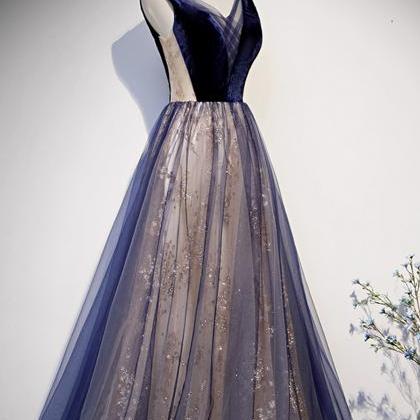 Blue V Neck Tulle Long A Line Prom Dress Formal..