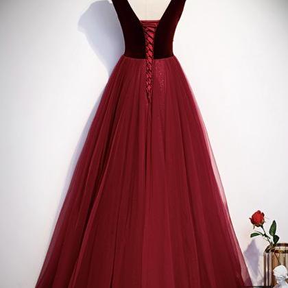 Burgundy Tulle Long A Line Prom Dress Formal Dress