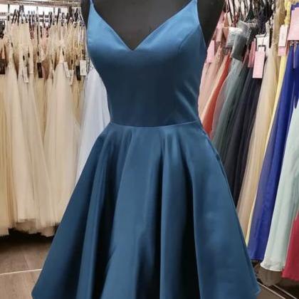 Blue V Neck Short Prom Dress Simple Evening Dress