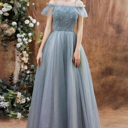Shiny Tulle Beads Long Prom Dress Blue Evening..