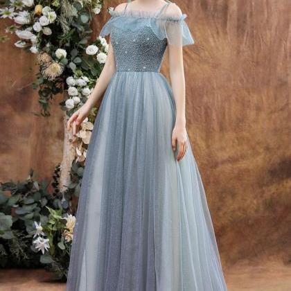 Shiny Tulle Beads Long Prom Dress Blue Evening..
