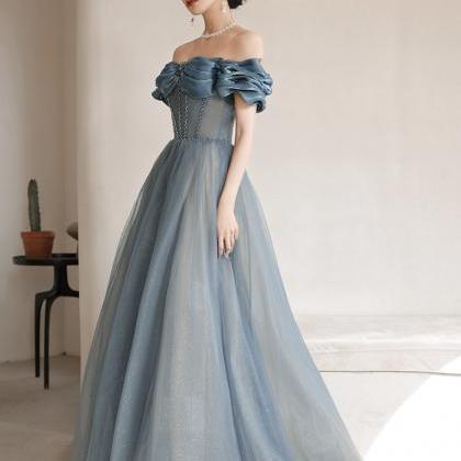 Blue Tulle Long A Line Prom Dress Off Shoulder..
