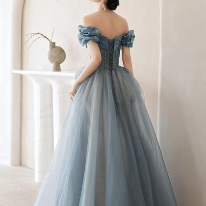 Blue Tulle Long A Line Prom Dress Off Shoulder..