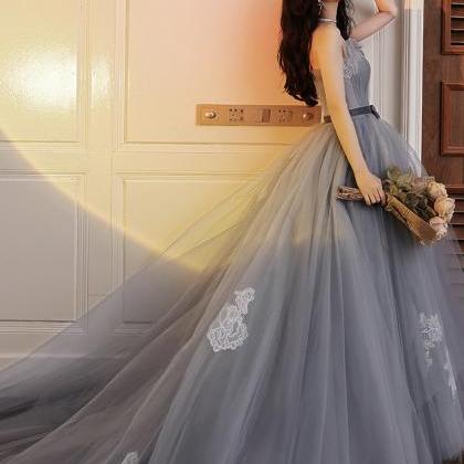 Gray Tulle Lace Long Ball Gown Dress Evening Dress