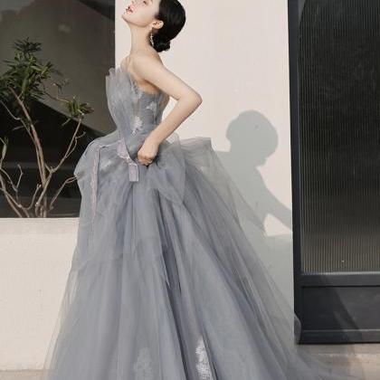 Gray Tulle Lace Long Ball Gown Dress Evening Dress